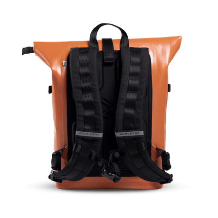 A bright orange backpack with black straps. The backpack has a sleek and modern design, perfect for carrying all your essentials on the go.