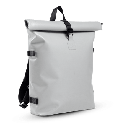 A silver grey backpack with black straps. The backpack has a sleek and modern design, perfect for carrying all your essentials on the go.