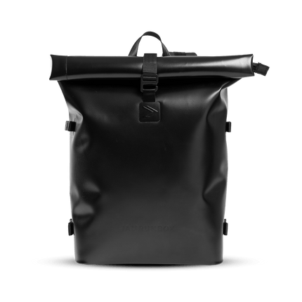 A muted black backpack with black straps. The backpack has a sleek and modern design, perfect for carrying all your essentials on the go.