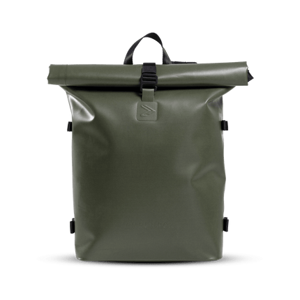 A muted green backpack with black straps. The backpack has a sleek and modern design, perfect for carrying all your essentials on the go.